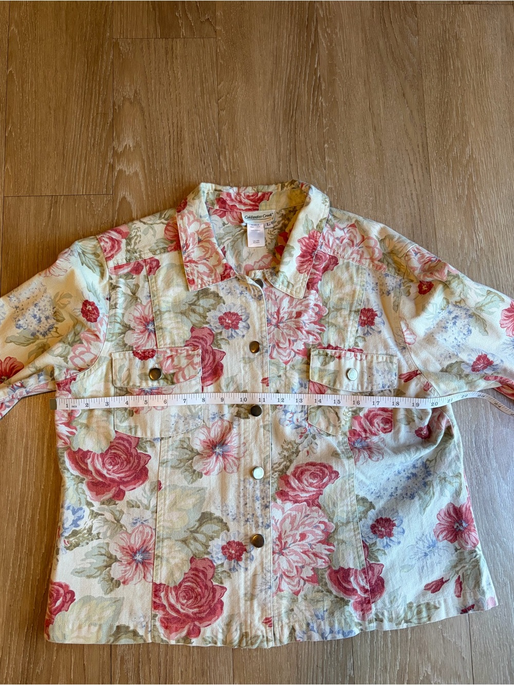 Coldwater Creek Cream Floral Jean Jacket w/ Pink Roses - Picture 8 of 9